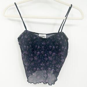 Perry + Co Floral Womens Whimsigoth‎ Y2K Dark Cottagecore Floral Crop Cami Top